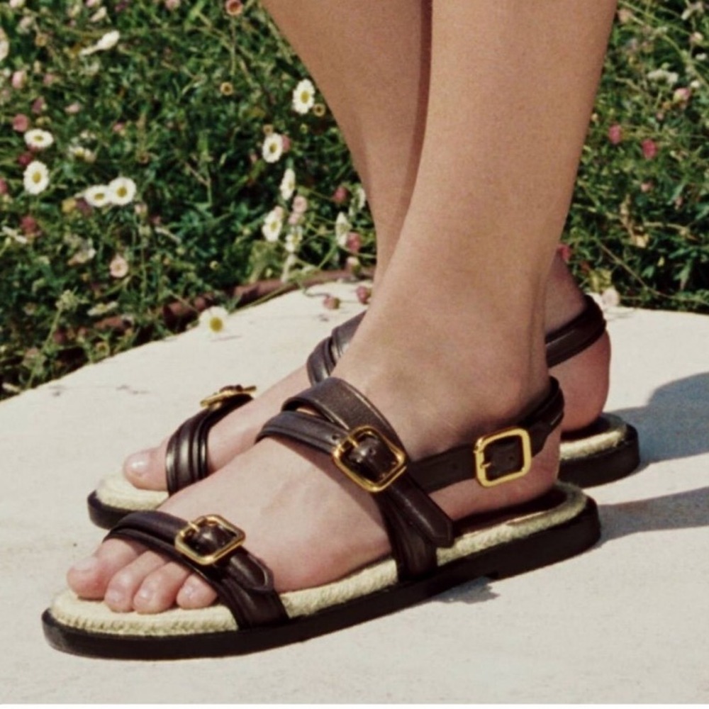 Zara Burgundy Leather Jute Buckle Strappy Flat Sandals Shoes Womens 39 8.5